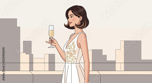 Elegant Woman Celebrating with Champagne in Cityscape, Perfect for upscale events and advertising
