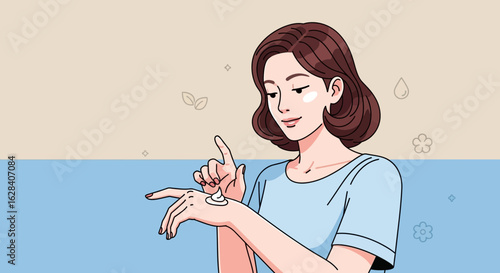 Elegant woman applying moisturizing cream on her hands in a beauty routine illustration