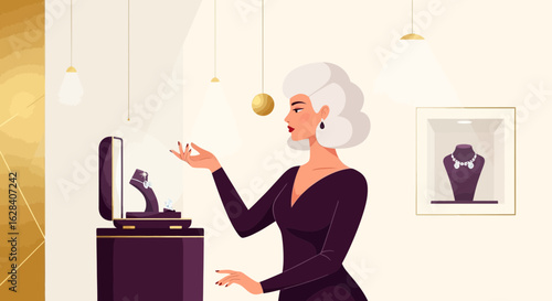 Elegant woman admiring jewelry in a luxurious boutique with sophisticated design and artistic flair