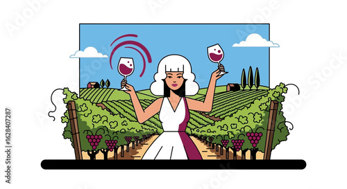 Elegant woman amidst vineyard tasting wine illustration showcasing viticulture