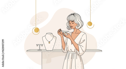 Elegant woman admires jewelry in a sophisticated boutique with golden accents