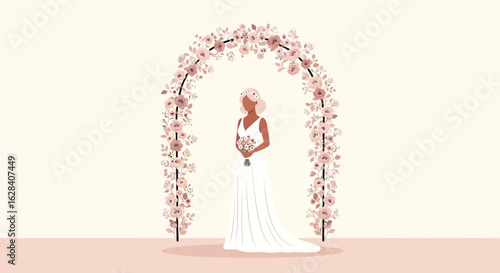 Elegant Wedding Illustration: Bride Under Floral Archway in Soft Pastel Colors