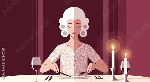 Elegant lady in wig with wine and candles, dinner scene with classic touch