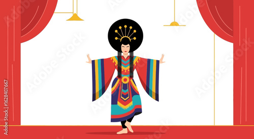 Elegant Indonesian dancer performing traditional movements on stage artwork illustration