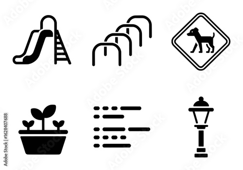 Playground slide dog sign potted plant street lamp list items vector