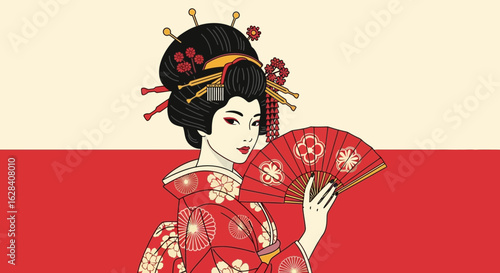 Elegant geisha with fan, traditional japanese art style and serene expression portrayed in