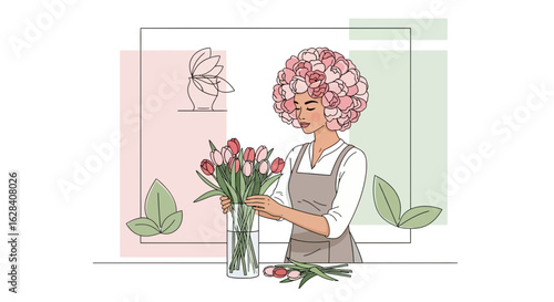 Elegant florist arranging a bouquet of tulips in a vase in her shop background