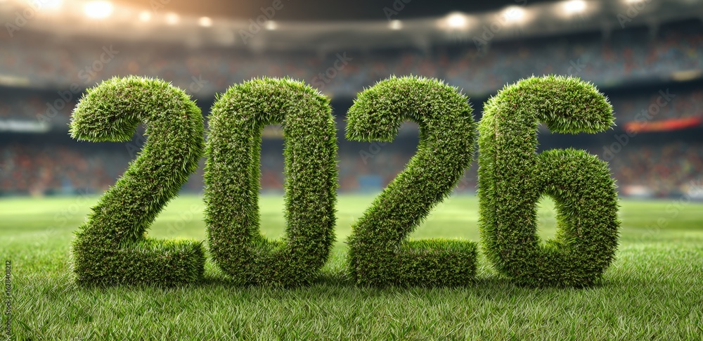 Naklejka premium Grass numbers show the year 2026 in a stadium during the Christmas season. Fans and players prepare for new year celebrations while enjoying holiday activities