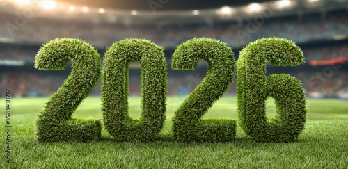 Grass numbers show the year 2026 in a stadium during the Christmas season. Fans and players prepare for new year celebrations while enjoying holiday activities
