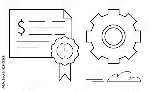 Financial document with dollar sign, ribbon seal, clock detail, and mechanical gear. Ideal for certification, finance, productivity, automation, system improvement process management simple flat