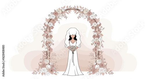 Elegant bride with floral arch for wedding celebration vector illustration