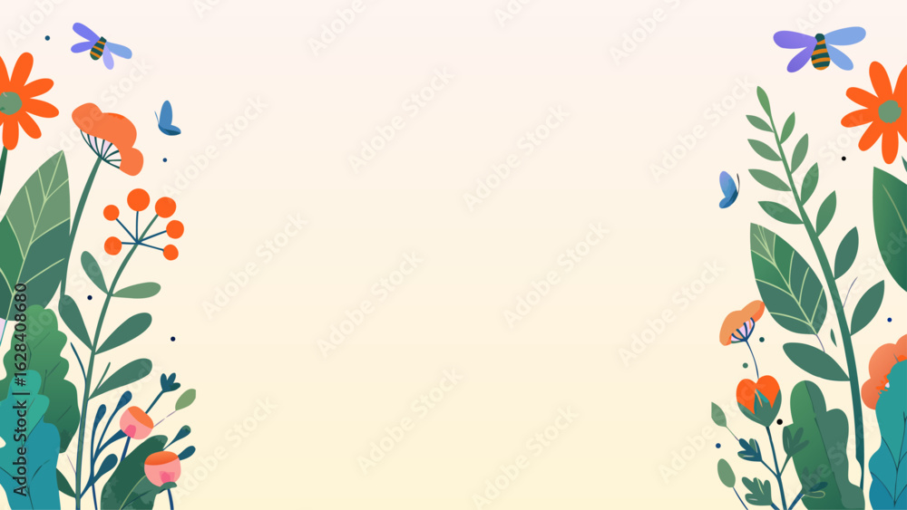Fototapeta premium Background and banner decorated with pastel colors, blooming flowers, and leaves. Flat folk geometric style.