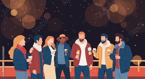 Diverse group of friends celebrating under the stars with drinks and festive lights