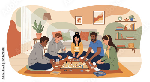 Diverse group of friends enjoy a lively board game night in cozy living room setting