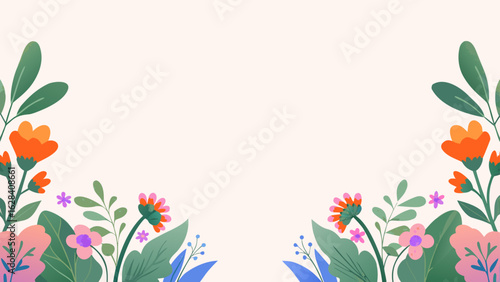 Background and banner decorated with pastel colors, blooming flowers, and leaves. Flat folk geometric style.