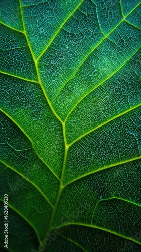 Close-up of a vibrant green leaf, showcasing intricate veins and textures
