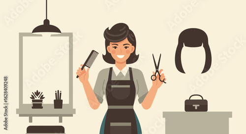Charming Hairdresser Ready to Style: A Vector Illustration Showcasing Professionalism and Creativity