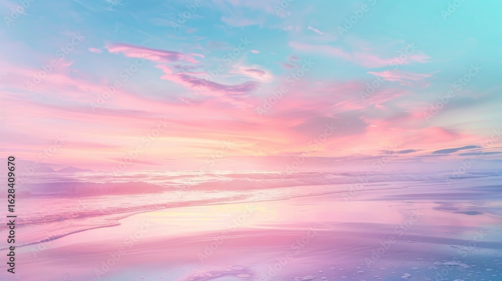 Obraz premium Pastel sunset hues reflected on a calm, serene body of water, creating a dreamy, ethereal landscape. Soft clouds paint the sky in shades of pink, orange, and blue