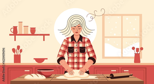 Blonde woman kneading dough in a cozy kitchen setting with winter scenery outside the window