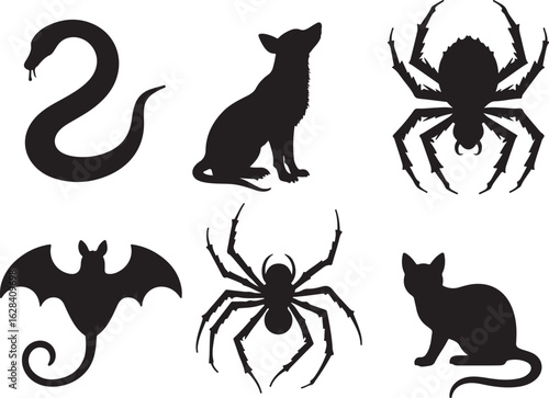 Spooky Halloween Silhouettes: Cat, Dog, Spider, Snake, Bat