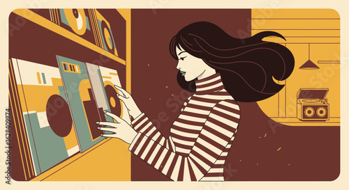 Aesthetic retro illustration of a woman selecting a vinyl record from a shelf