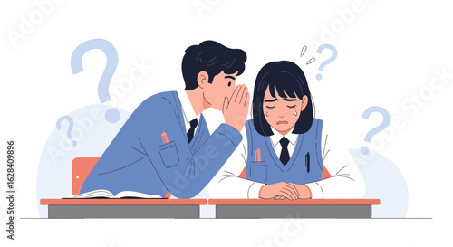 Academic anxiety and pressure, student whispering to a girl during an exam