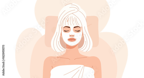 A woman with a facial mask and towel on her head enjoying a spa treatment