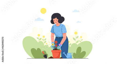 A woman happily gardening outdoors on a sunny day, showcasing a love for nature and a relaxing