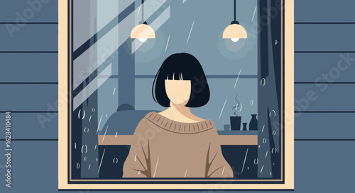 A tranquil illustration of a woman gazing out the window on a rainy day evokes calmness