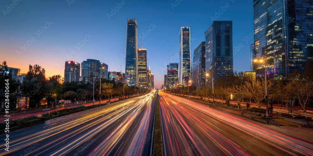 Obraz premium City highway at twilight, blurred car lights