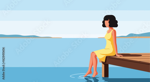 A serene illustration of a woman enjoying a tranquil moment by the water on a dock