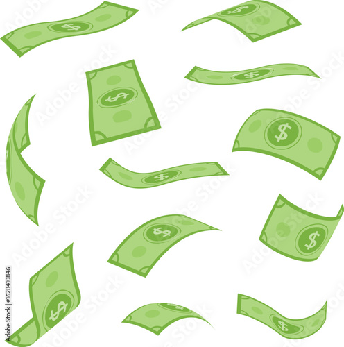 Flying US dollar banknotes illustration in green color, flat vector money bills scattered and floating in air, perfect for financial, investment, economy, and currency-related design concepts