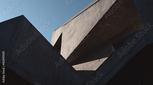 Neo-brutalist concrete angular structure against blue sky