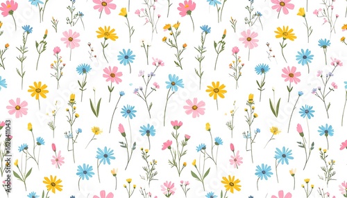 Floral pattern of various flowers on a white background