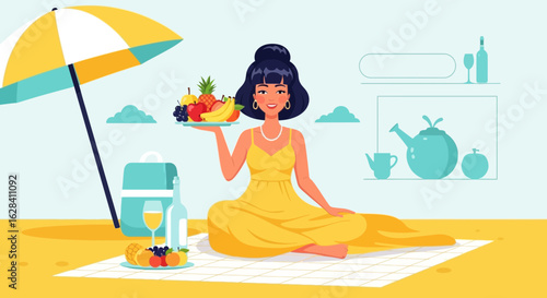 A cheerful woman enjoys a healthy picnic with fresh fruits and wine under a vibrant umbrella
