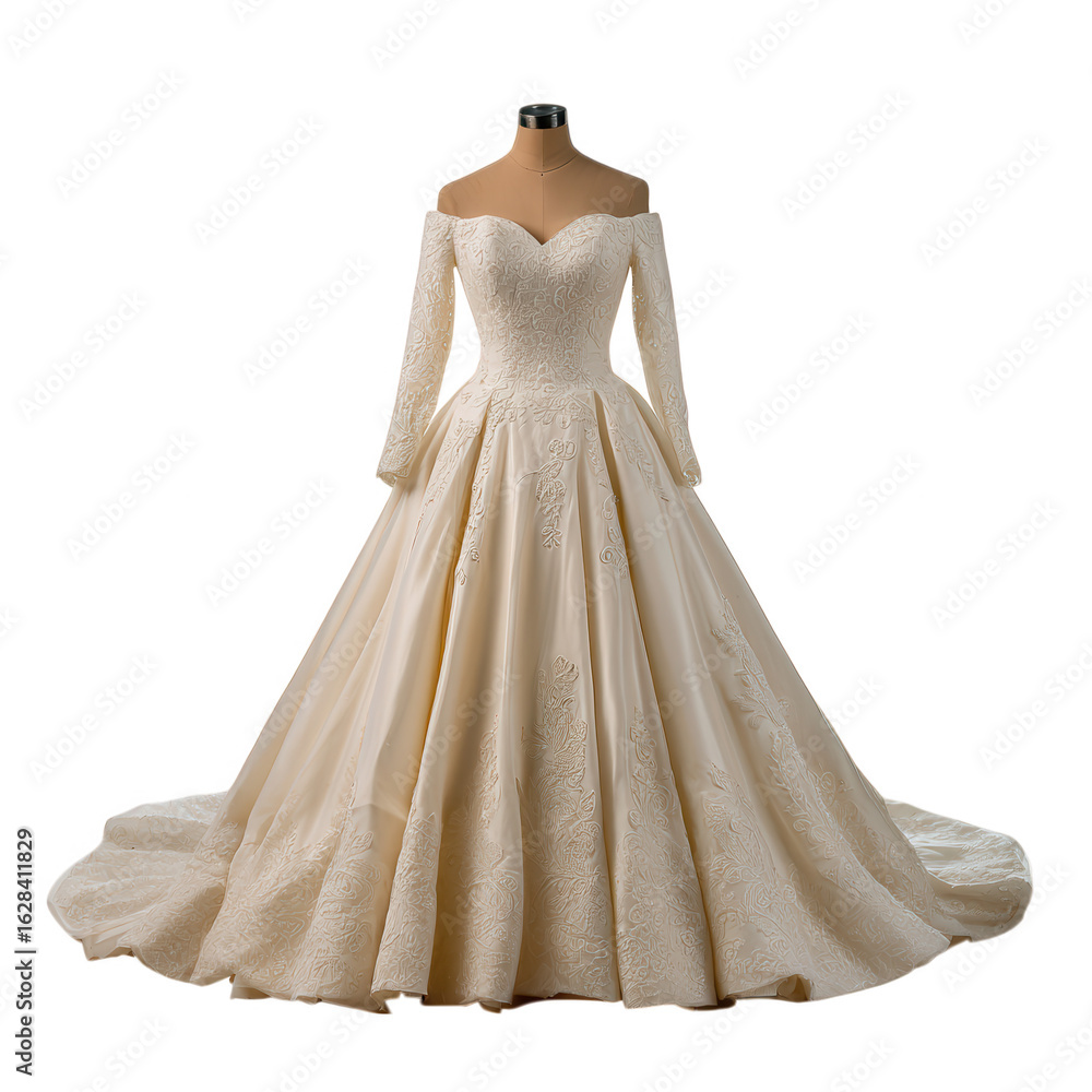 Obraz premium Elegant off the shoulder long sleeve ball gown wedding dress with intricate lace details isolated on transparent background