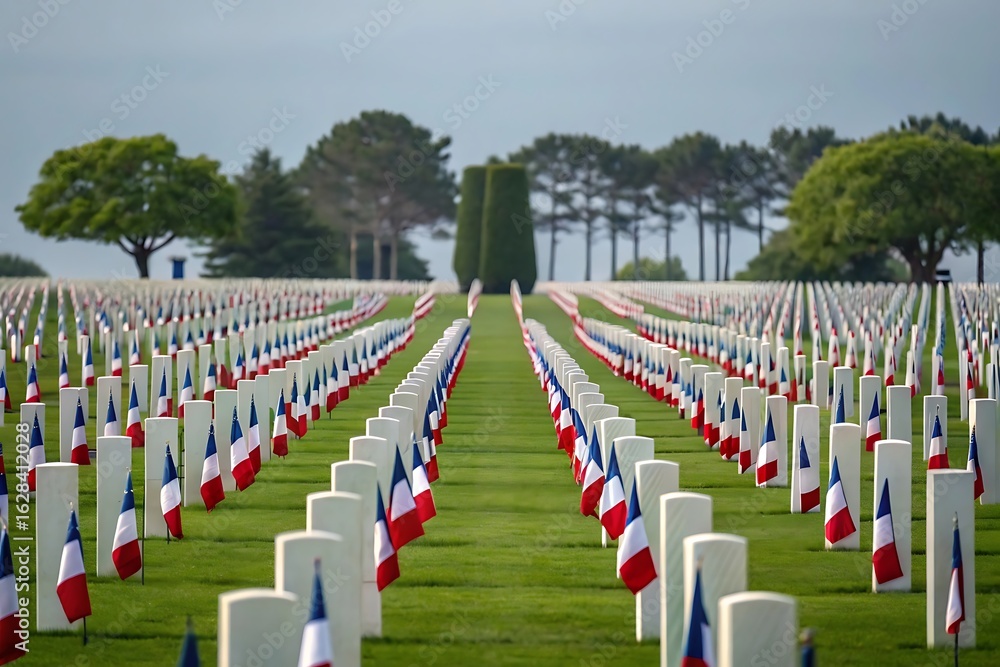Fototapeta premium Rows of French flags at a military cemetery graves