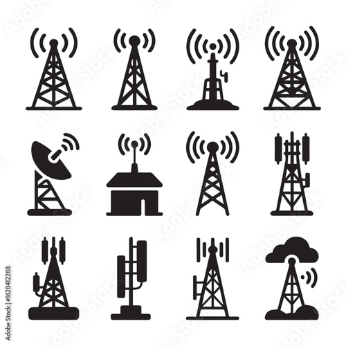 Vector art of a diverse collection of telecommunication towers and antennas symbolizing wireless communication and data transmission