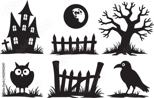 Spooky Halloween icons haunted house, tree, owl, crow, moon, fence