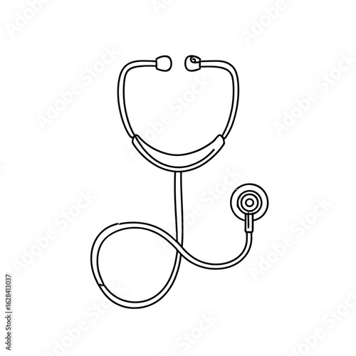 Illustration of a stethoscope with earpieces, tubing, and chestpiece for medical examination purposes