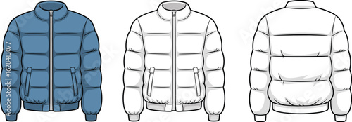 Technical flat sketch of insulated puffer jacket with high neck, front and back views, winter outerwear fashion template, padded coat vector design illustration