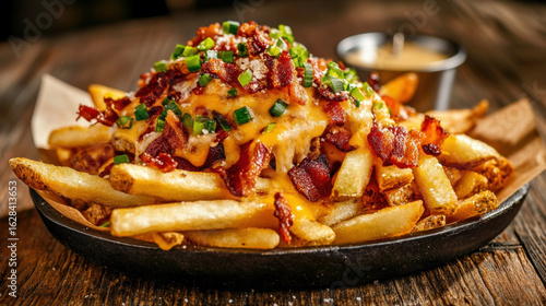 Delicious cheese-topped loaded fries with bacon and green onions, perfect for food lovers and snack enthusiasts.