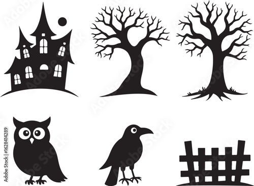 Spooky Halloween silhouettes haunted house, bare trees, owl, crow, fence