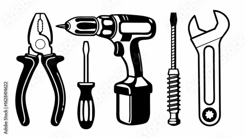 Service icons set. Wrench, screwdriver and gear icon. Screwdriver and wrench glyph icon. Settings and repair, service sign - stock vector.
