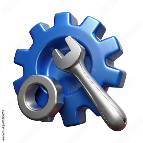 Blue gear with wrench and nut isolated on transparent background