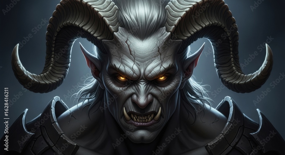 Naklejka premium Intense digital artwork portraying a formidable demon figure with horns and fierce gaze