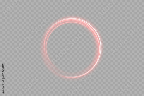 Glowing red neon light ring on transparent background. Bright illuminated circular frame with smooth shine, futuristic design element, abstract round shape for banners, posters, and modern sci-fi or t