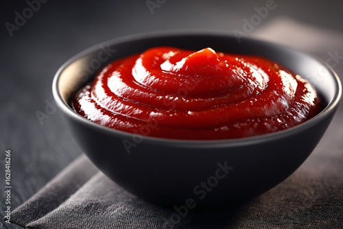 Red ketchup in a black bowl on a gray linen napkin, close-up shot of the condiment