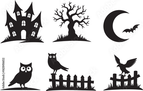 Spooky Halloween silhouettes of haunted house, bats, owl, and tree