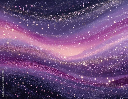 Abstract cosmic swirls of purple and gold glitter